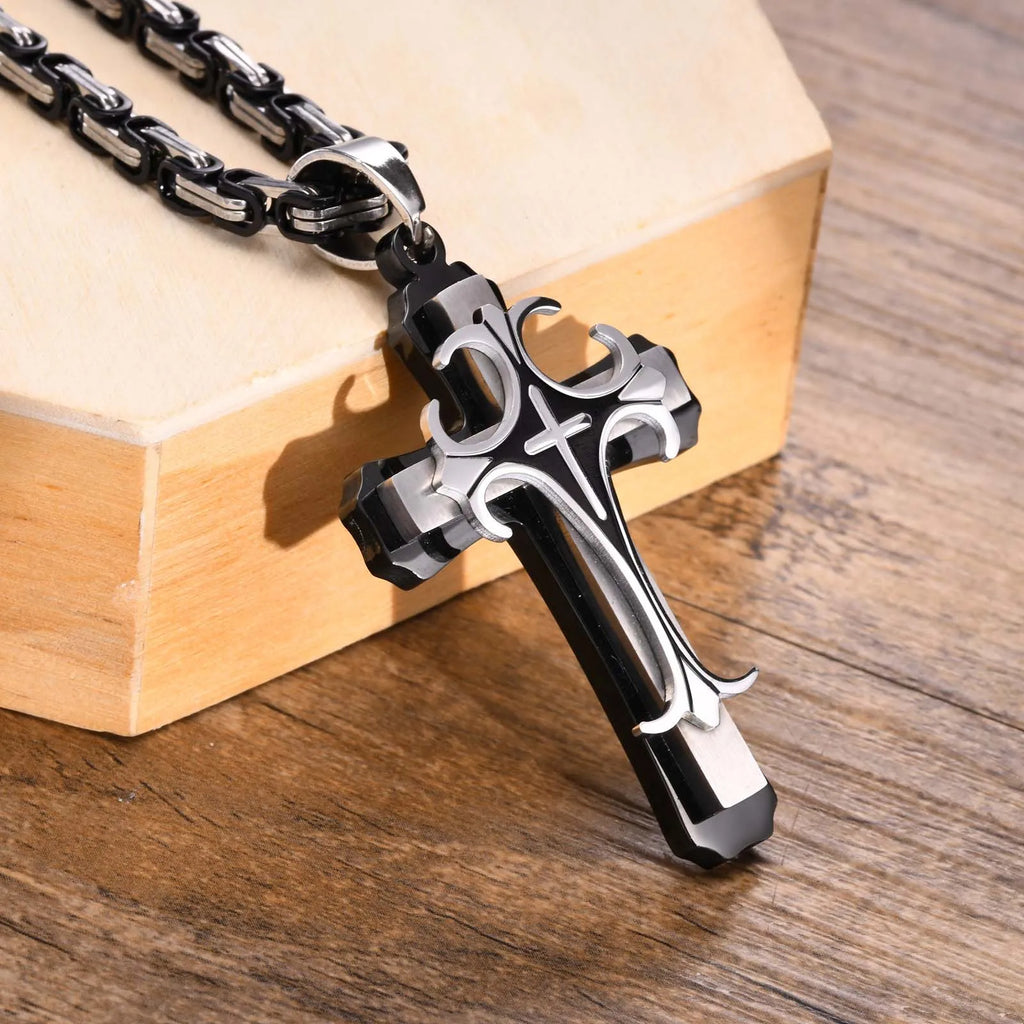 Vnox Cross Necklace For Men Byzantine Gold Color Stainless Steel Chain Catholic Crucifix Pendant Male Punk Rock