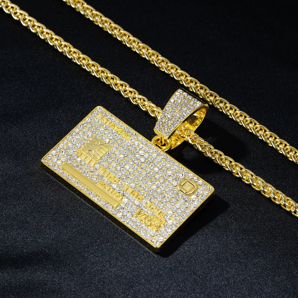 Men's Hip Hop VISA Golden Silvery Card Pendant Necklaces With 5mm 24 Inch Long Chain Credit Card Pendants for Daily Wear Unisex