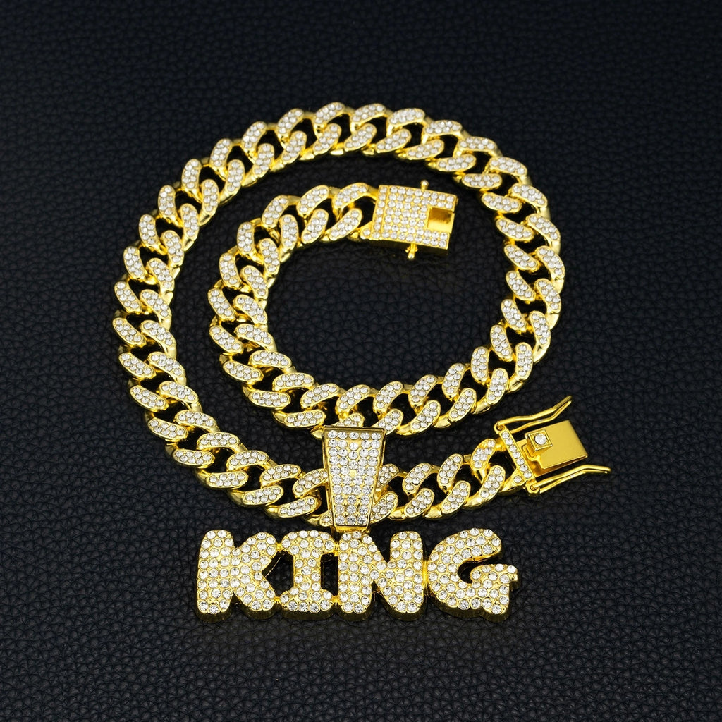 Men Hip Hop Bling KING Letter Pendant Necklace With Miami Cuban Link Chain Full Crystal  Necklaces Men Male Hiphop Charm Jewelry