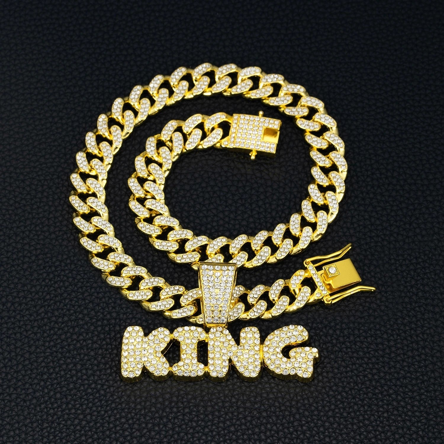 Men Hip Hop Bling KING Letter Pendant Necklace With Miami Cuban Link Chain Full Crystal  Necklaces Men Male Hiphop Charm Jewelry