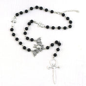 Gothic Bat Cross Rosary Necklace — Silver Tone