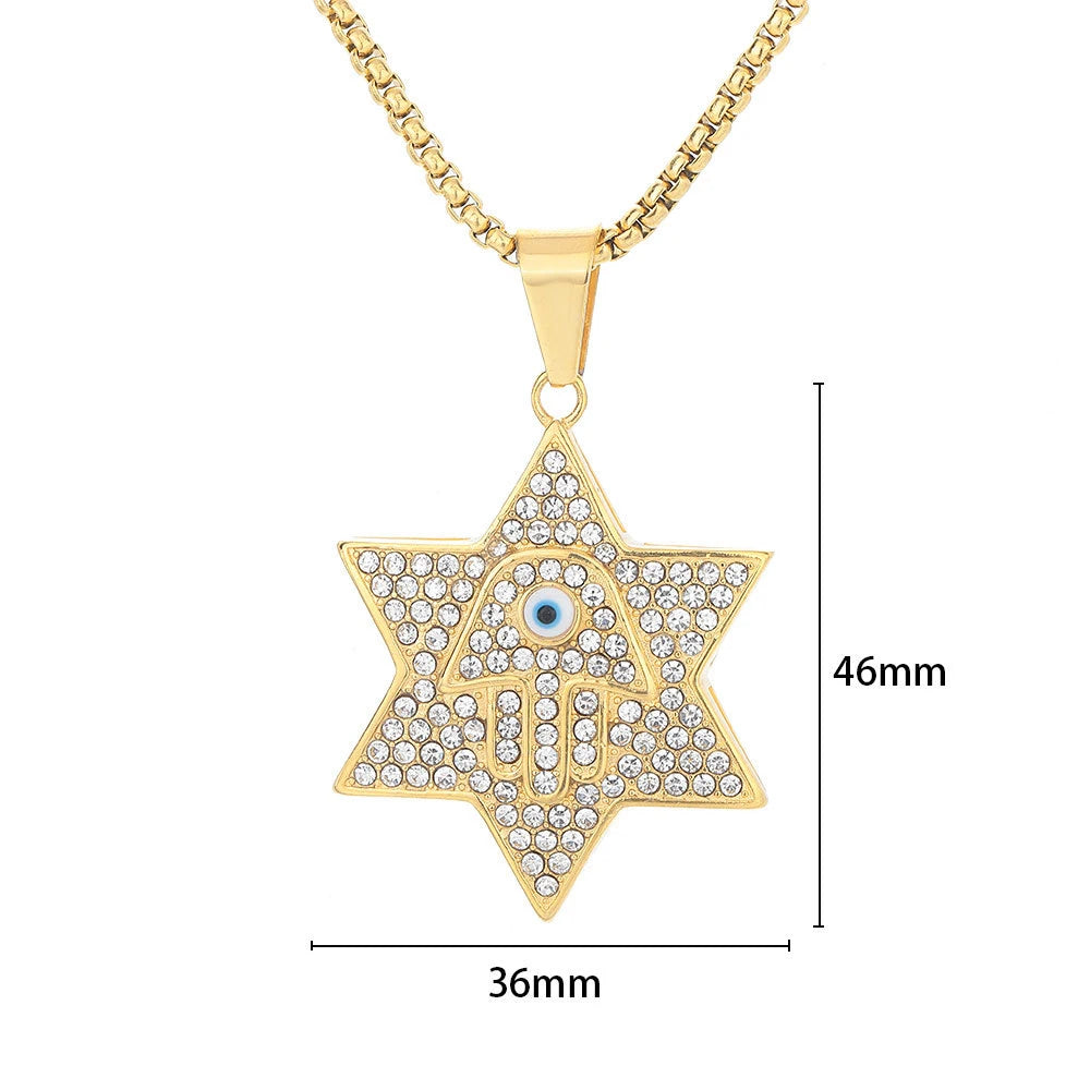 Hamsa Evil Eye Star of David Pendant Necklace — Gold-Tone Steel