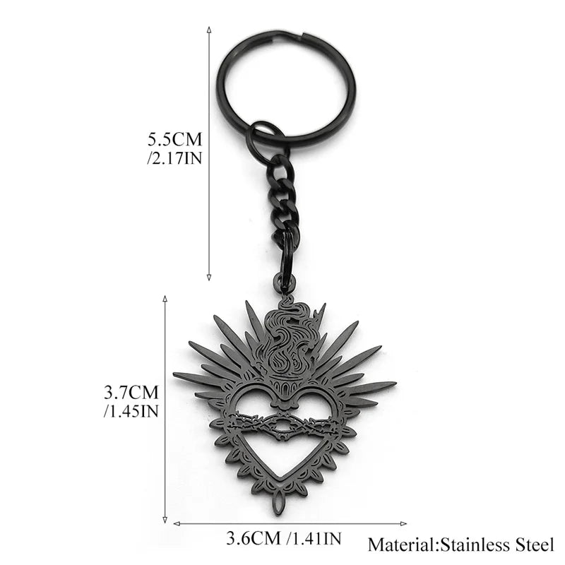 Heart Key Steel Pendant Flaming Sacred Thorns