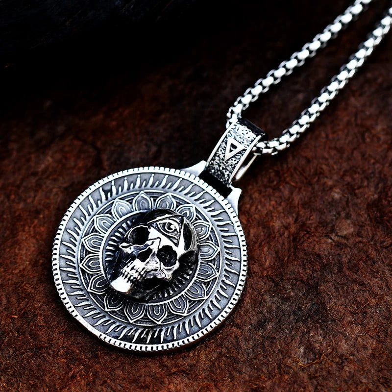 3D Round Skull Pendant Necklace — Stainless Steel