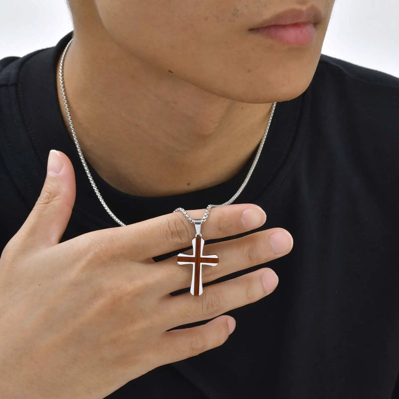 Wood Cross Silver Pendant Necklace — Stainless Steel
