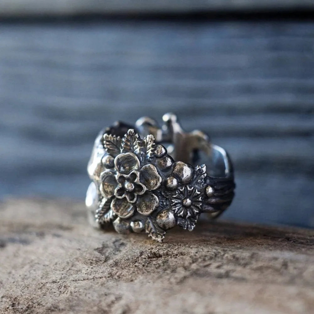 Sugar Skull Flower Ring for Men and Women — Gothic Statement Band