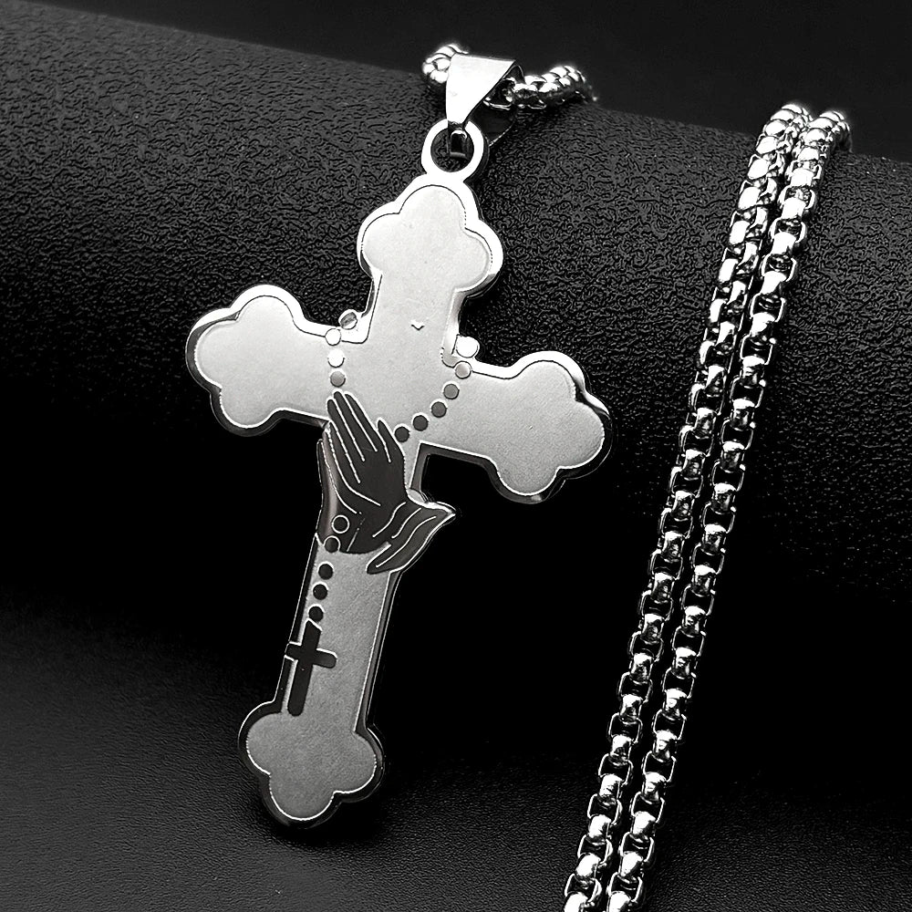 Jesus Cross Praying Hand Stainless Steel Pendant Necklace for Women Men Gold Color Catholic Faith Rosary Box Chain