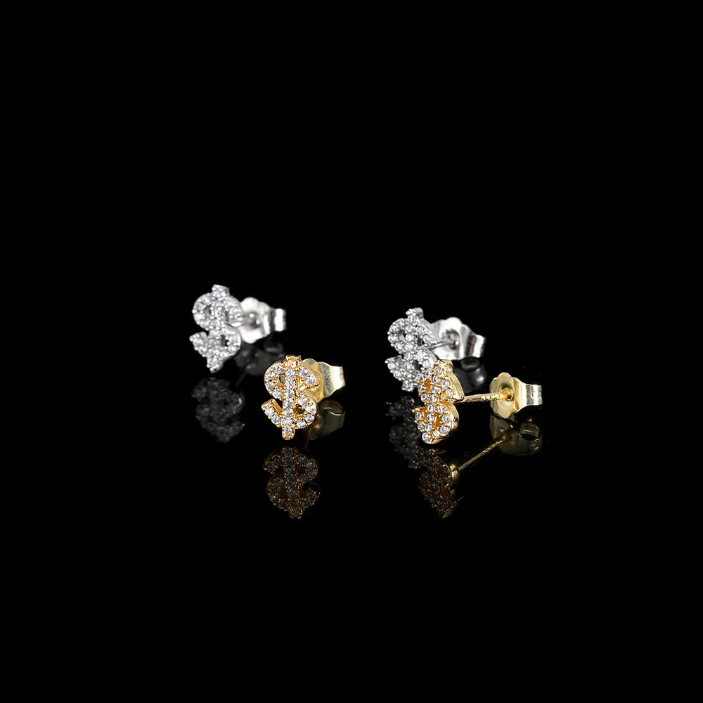 Iced Out Dollar Sign Stud Earrings Stainless Steel