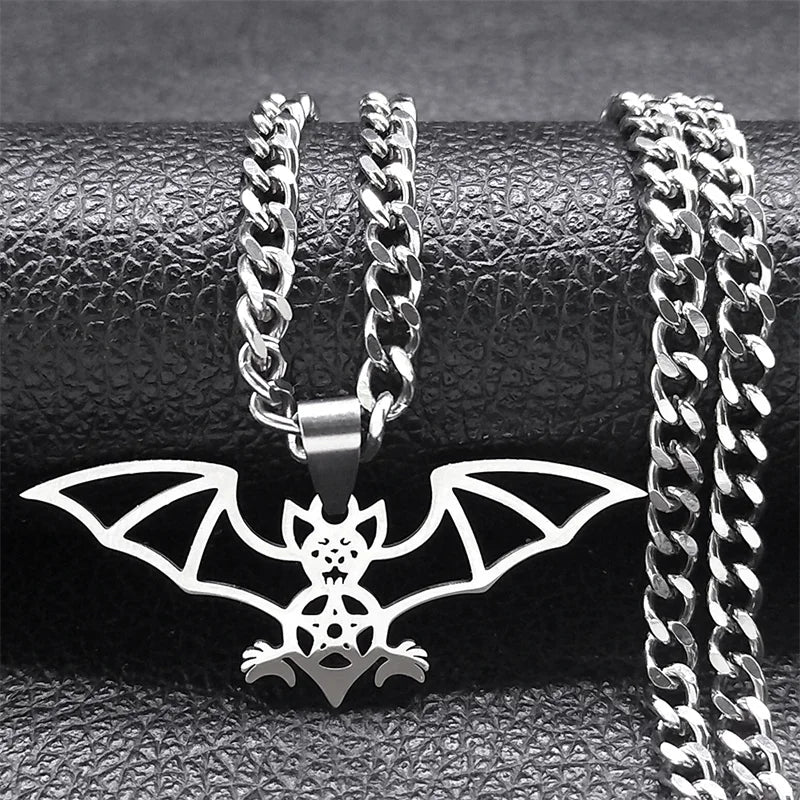 Gothic Bat Pentagram Necklace — Silver