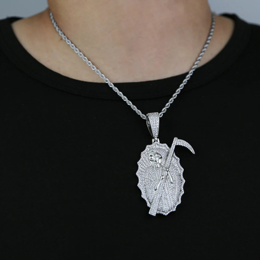 2023 New Grim Reaper Death Pendant Necklace Iced Out Bling Gold Color CZ The King Of Terrors Charm Men Women Hip Hop