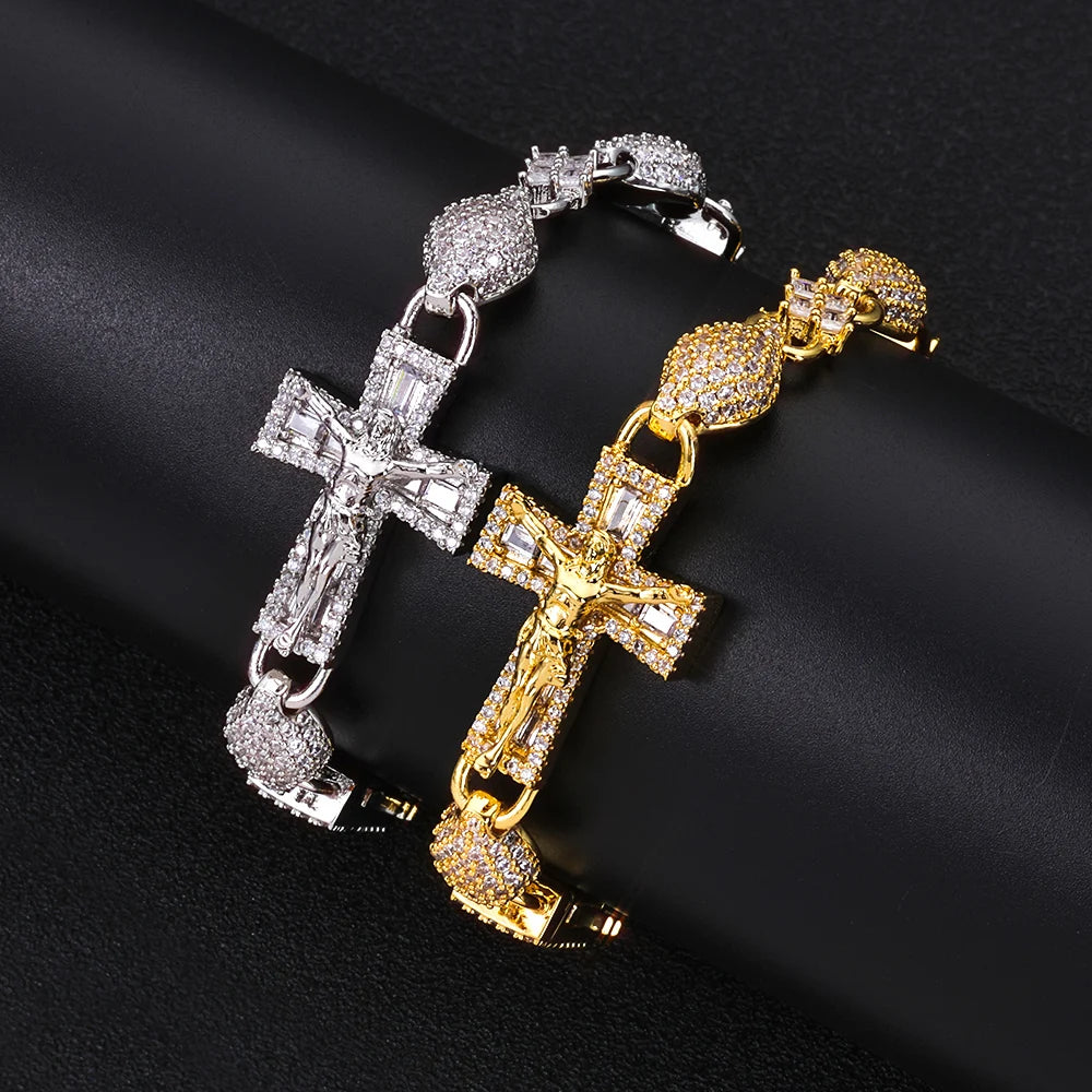 Two-Tone Cross Cuban Bracelet Iced Out Baguette