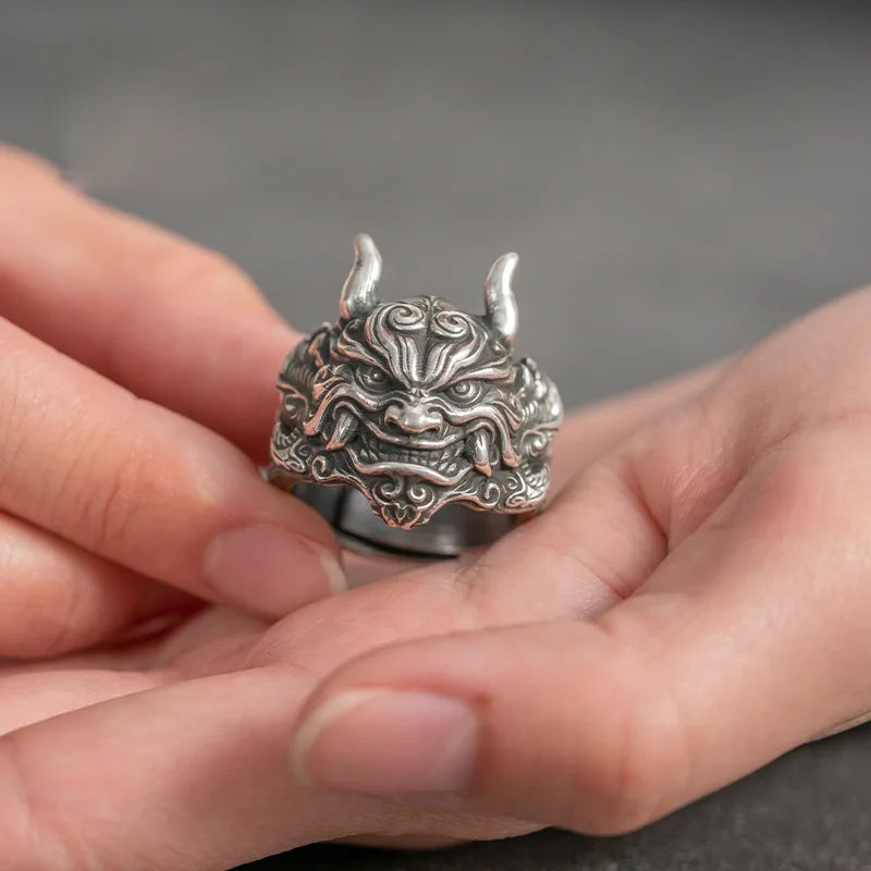 Retro Mahakala Mask Ring For Men Silver Color Punk Gothic Rock Hiphop Adjustable Open Ring Jewelry Biker Accessories