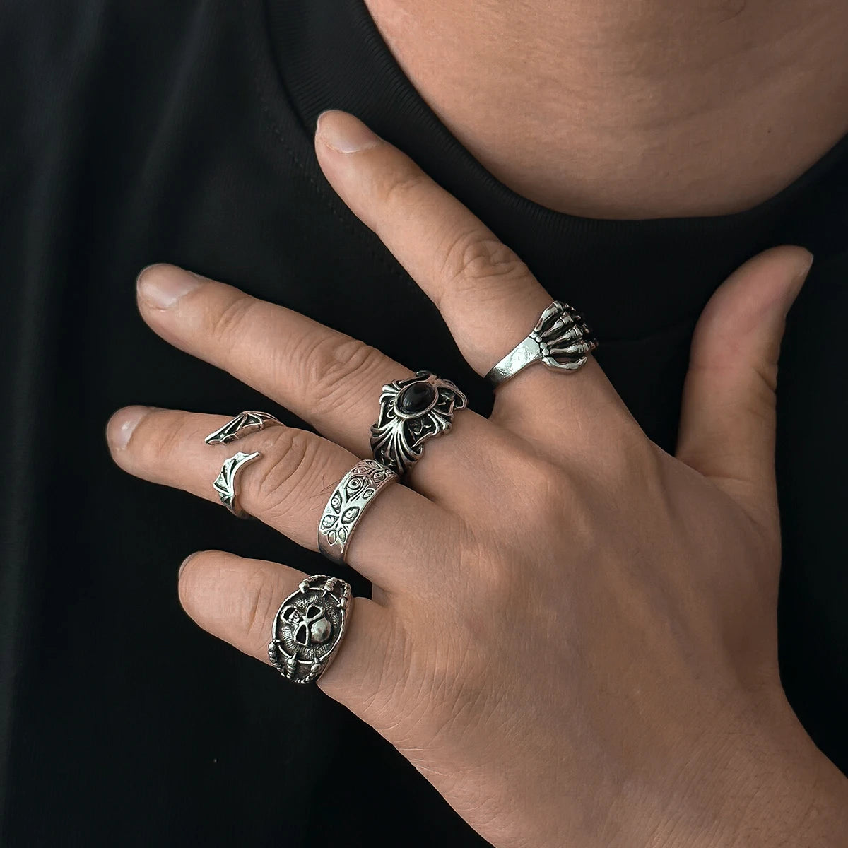 Gothic Skull Claw Cross Ring Set — Adjustable Silver