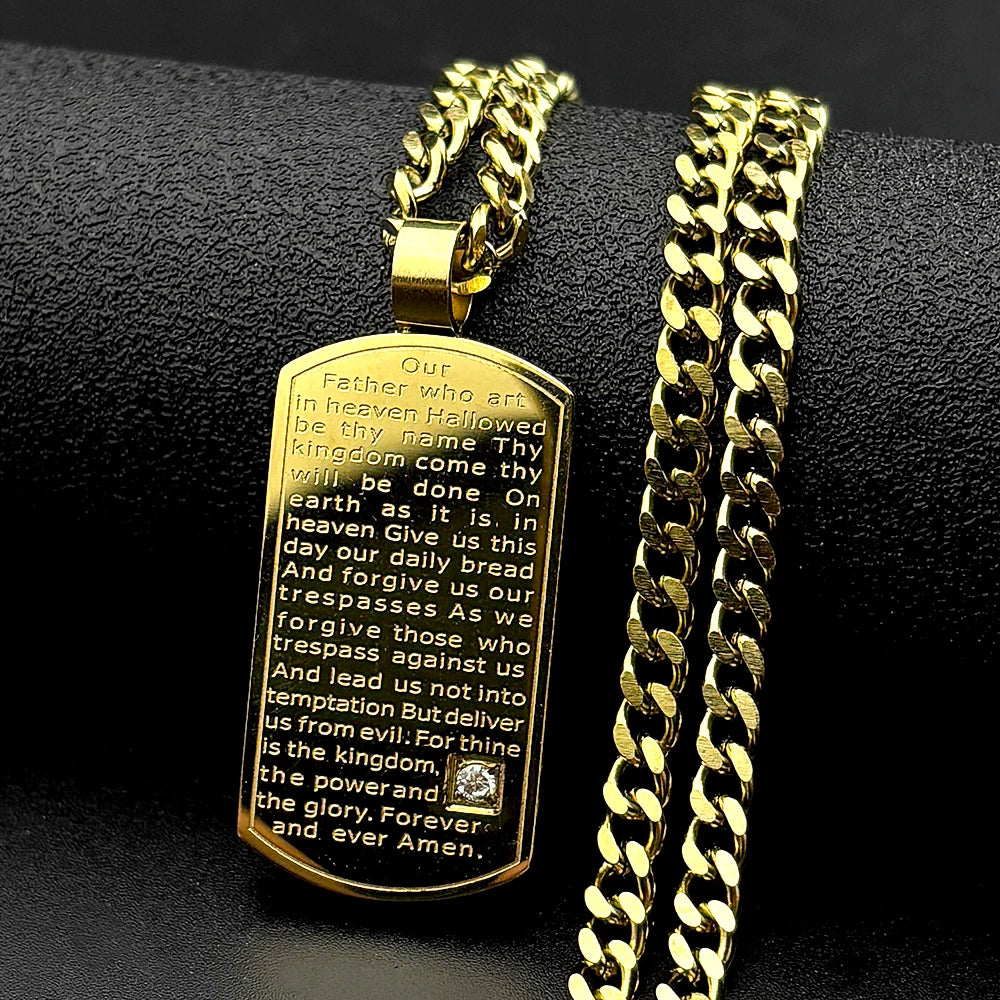 Lord's Prayer Bible Verse Jesus Cross Necklace — Stainless Steel