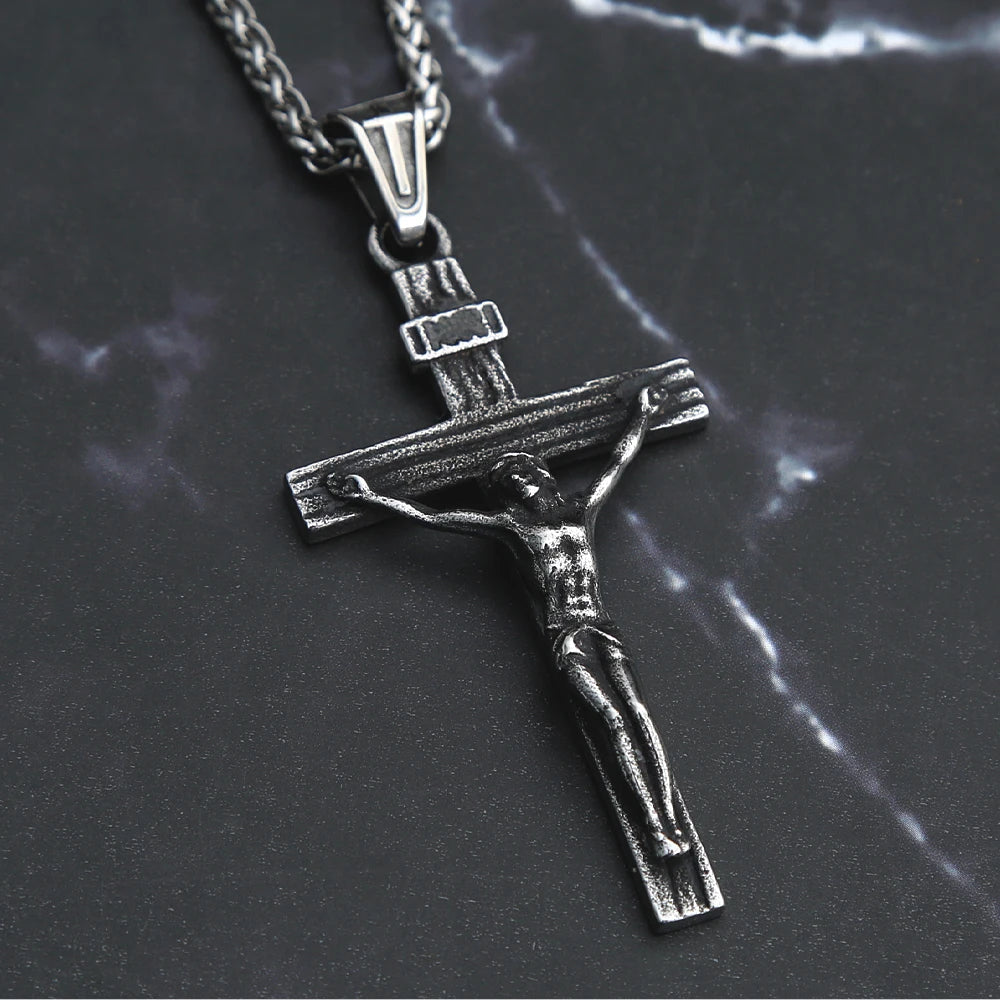 Vintage 316L Stainless Steel Jesus Cross Pendant Necklace Cross Orthodox Necklace Chain For Men Women Biker Amulet