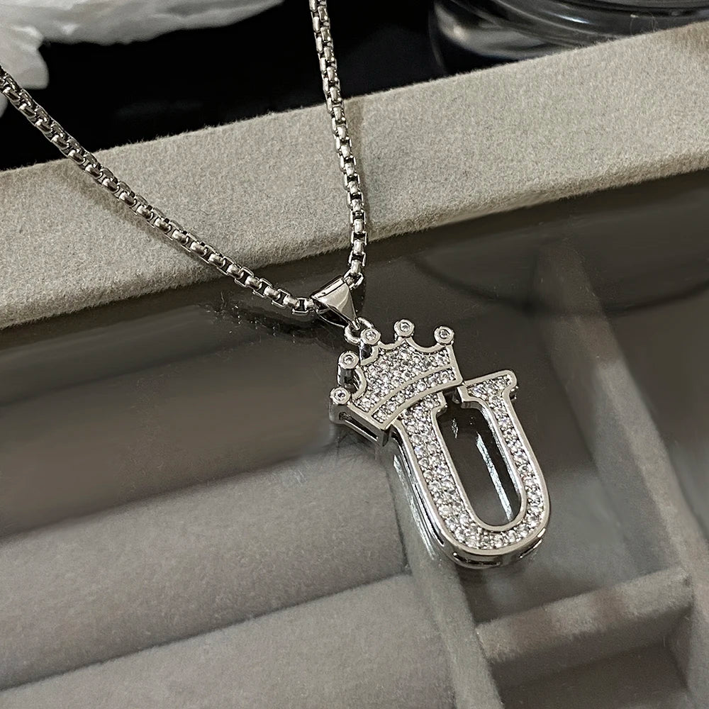 Freetry 26 Letters A-Z Zircon Crown Pendant Necklace for Women Men Punk Initial Alphabet Necklaces Hip Hop Choker Chain