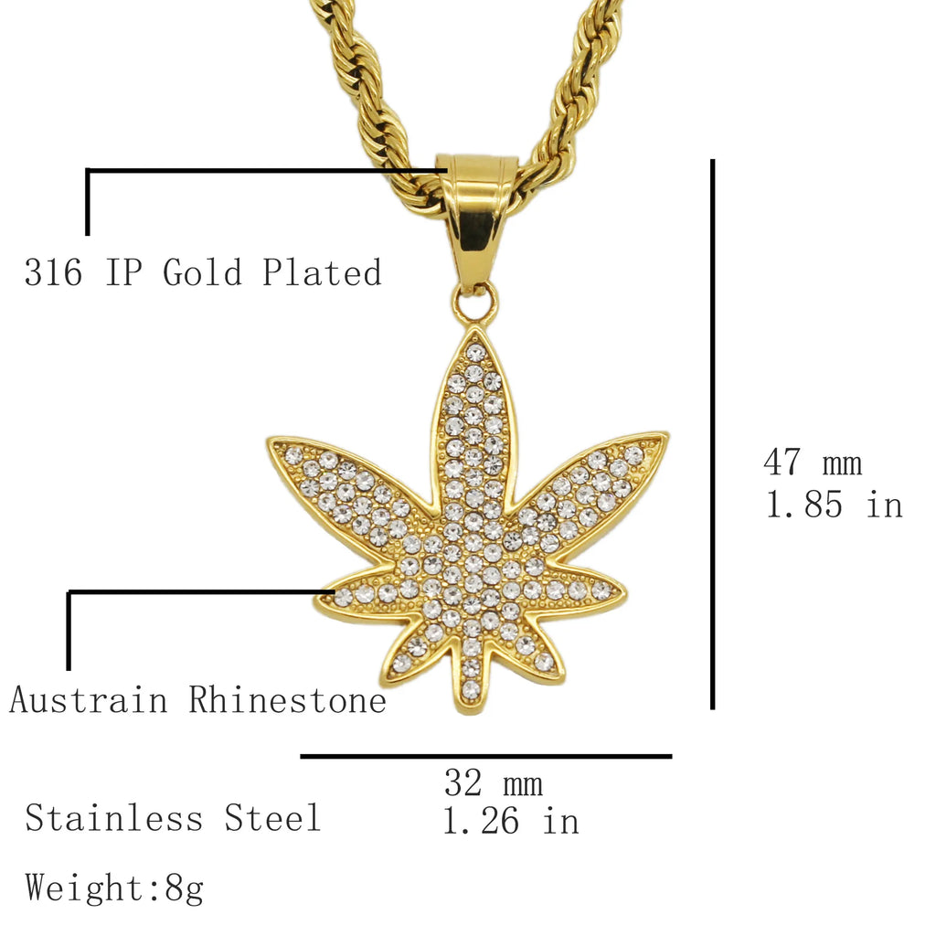 Gold color Pendant Necklace Men women Maple Leaf with rhinestone for Boys Male Steampunk Jewelry