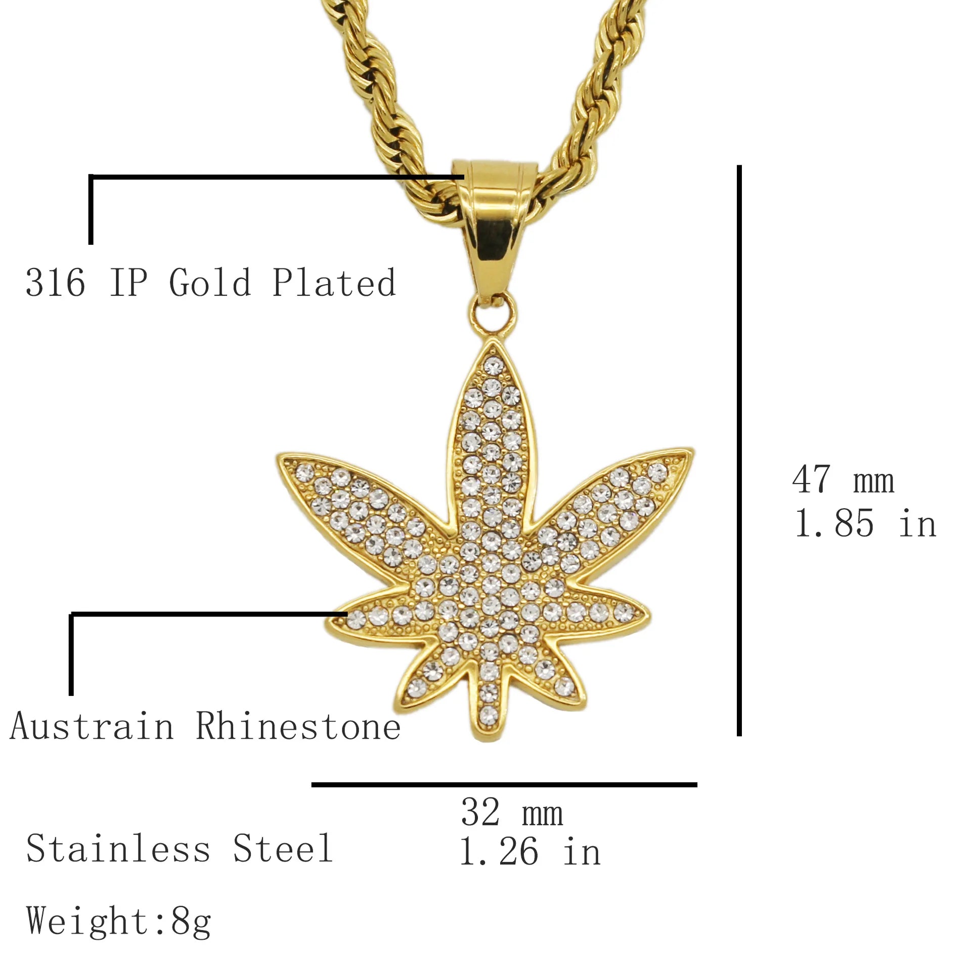 Gold color Pendant Necklace Men women Maple Leaf with rhinestone for Boys Male Steampunk Jewelry