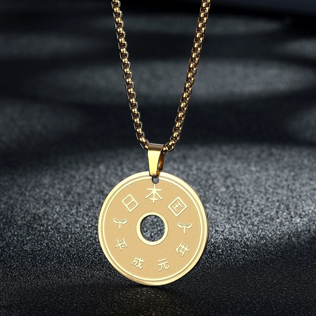 CHENGXUN Lucky Japanese Coin Necklace Mens Womens 5 Yen Coin Pendant Necklace Vintage Stainless Steel Good Luck Jewelry Gift