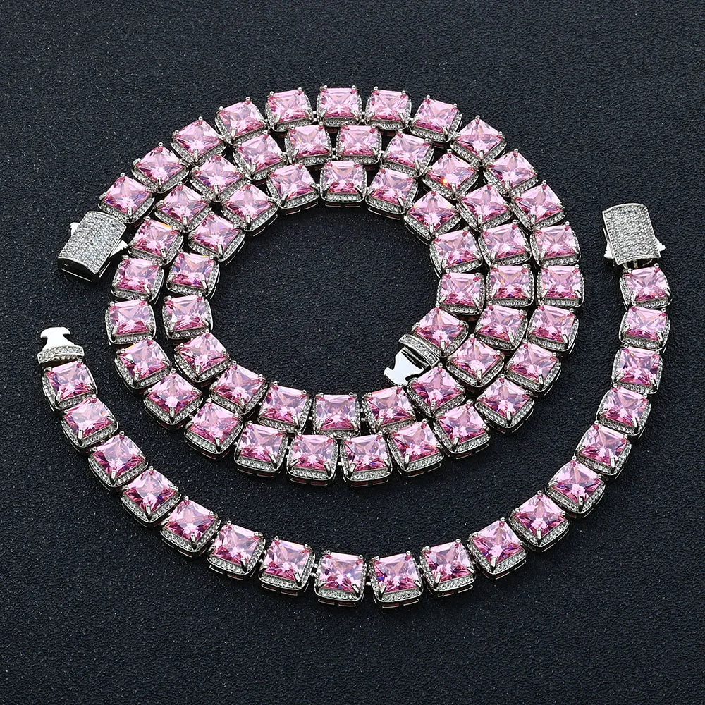 Tennis Chain Necklace Iced Out Pink Princess Cut