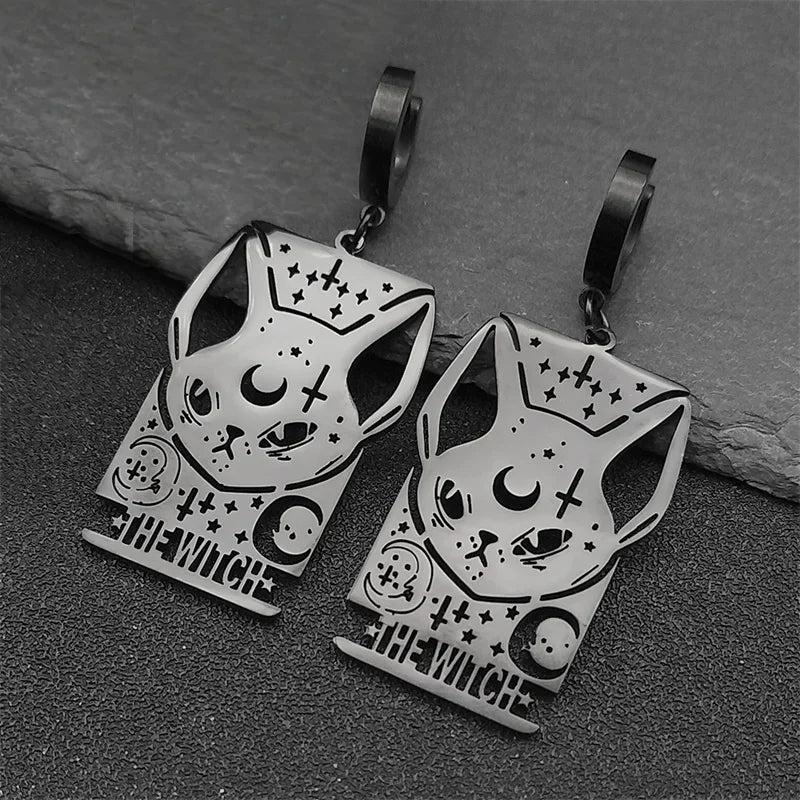 Cat Silver Earrings Gothic Witch Moon Long Hoop