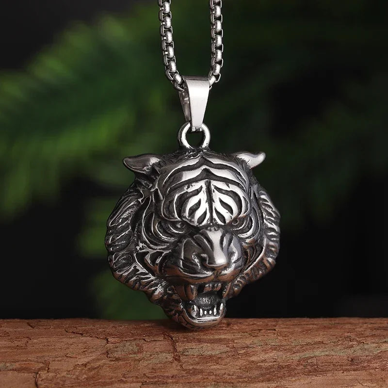 Domineering Ferocious Tiger Head Pendant Stainless Steel Animal Necklace Men's Punk Trend Cool Jewelry Boy Gift