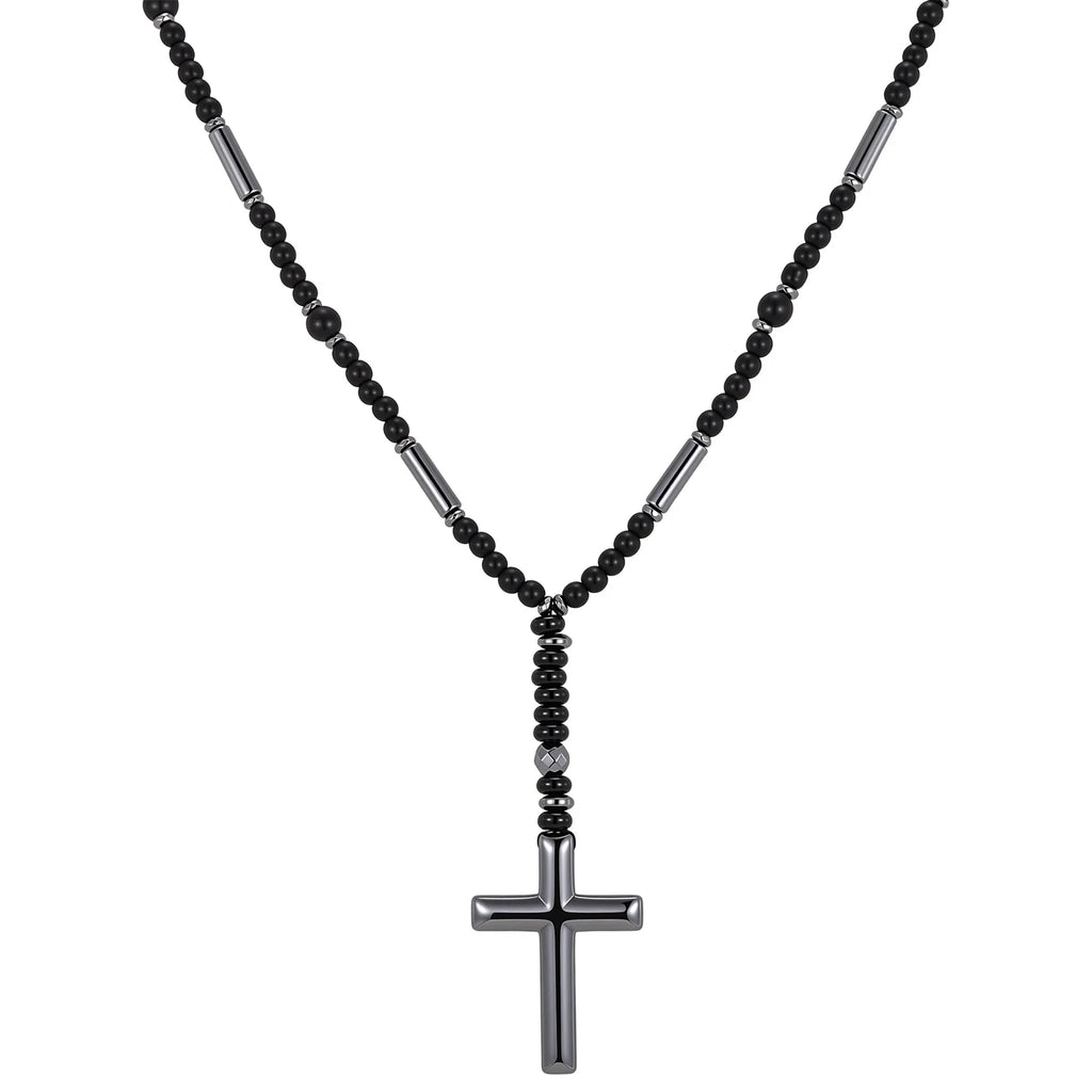 Retro Natural Stone Black Hematite Beaded Necklace Cross Pendant Beads Chain Long Necklace for Men Stylish Religious Jewelry