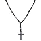 Retro Natural Stone Black Hematite Beaded Necklace Cross Pendant Beads Chain Long Necklace for Men Stylish Religious Jewelry