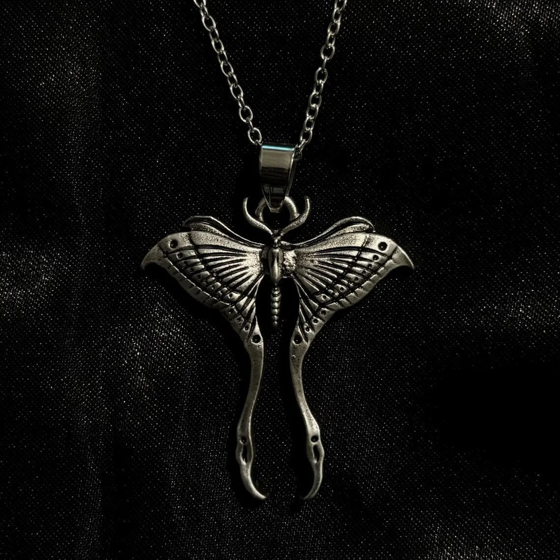 Gothic Punk Ancient Silver Moon Moth Pendant Necklace for Men Women Halloween Witch Daily Wear Alternative Jewelry Accessories