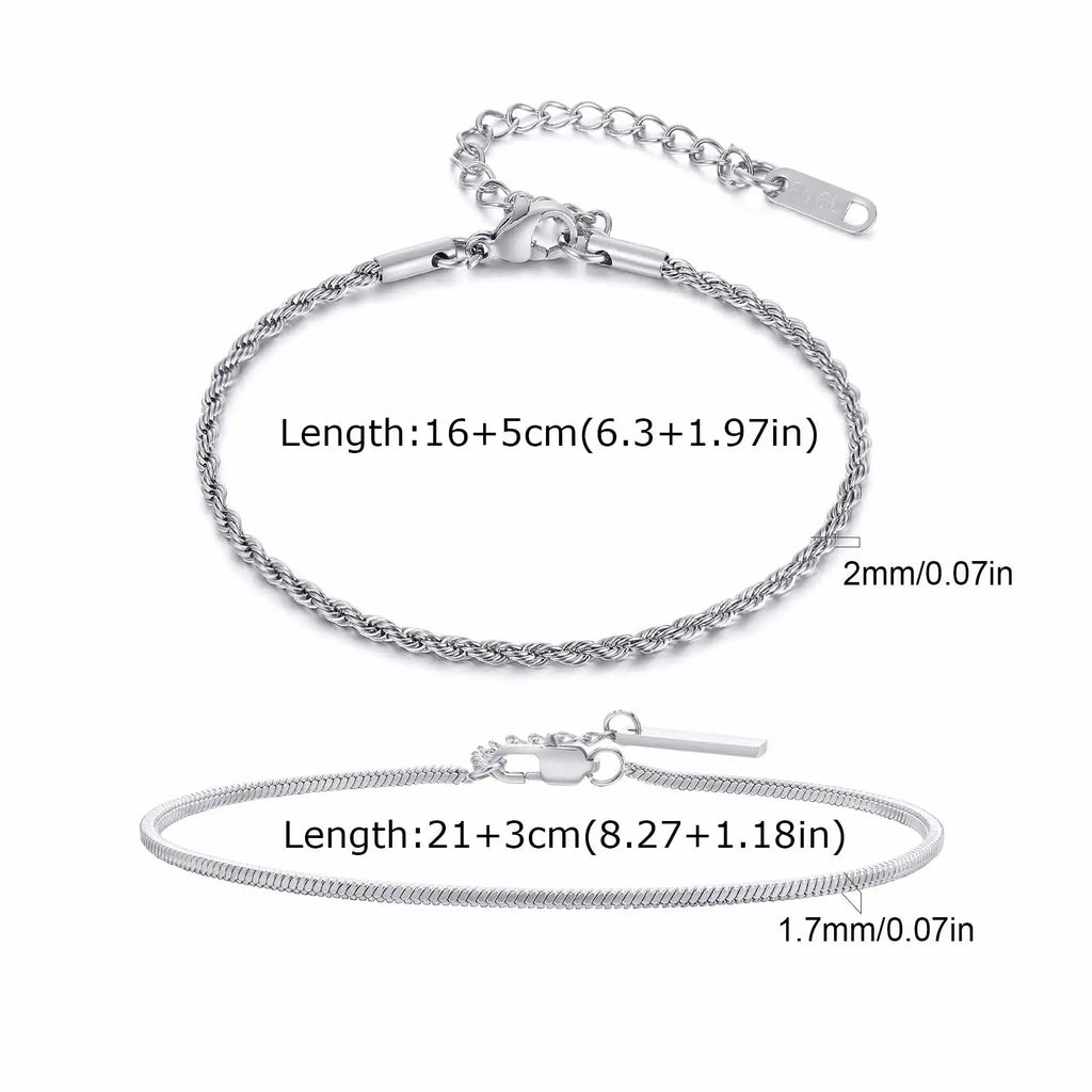 Vnox 2pcs/Set Cuban Figaro Rope Snake Chain Bracelet Set for Men Boys, Gold Black Silver Color Stainless Steel Wristband Jewelry