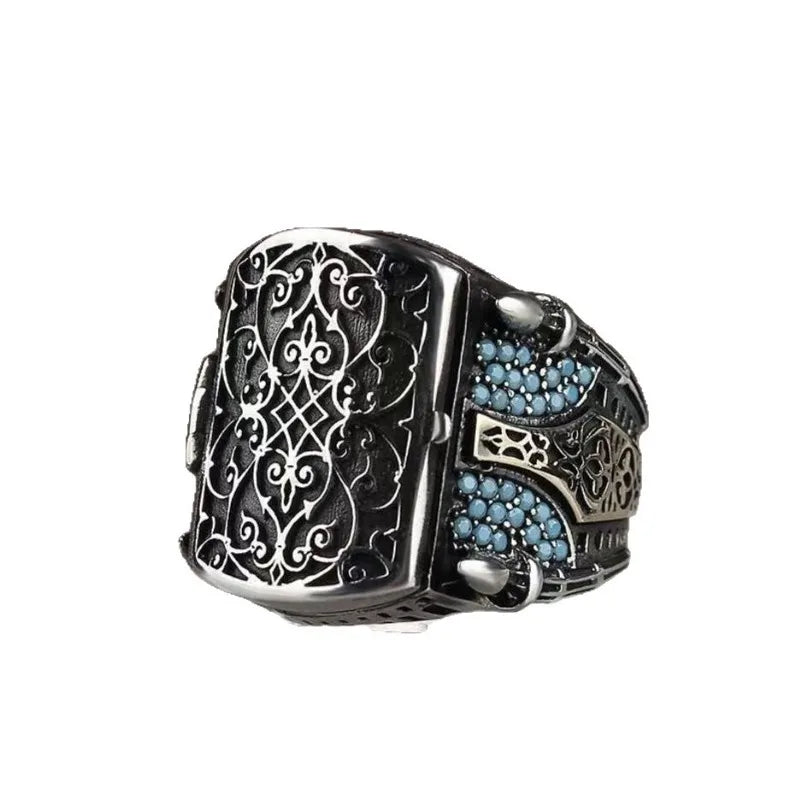 European and American new fashion armor shield shape retro engraved flip men's ring