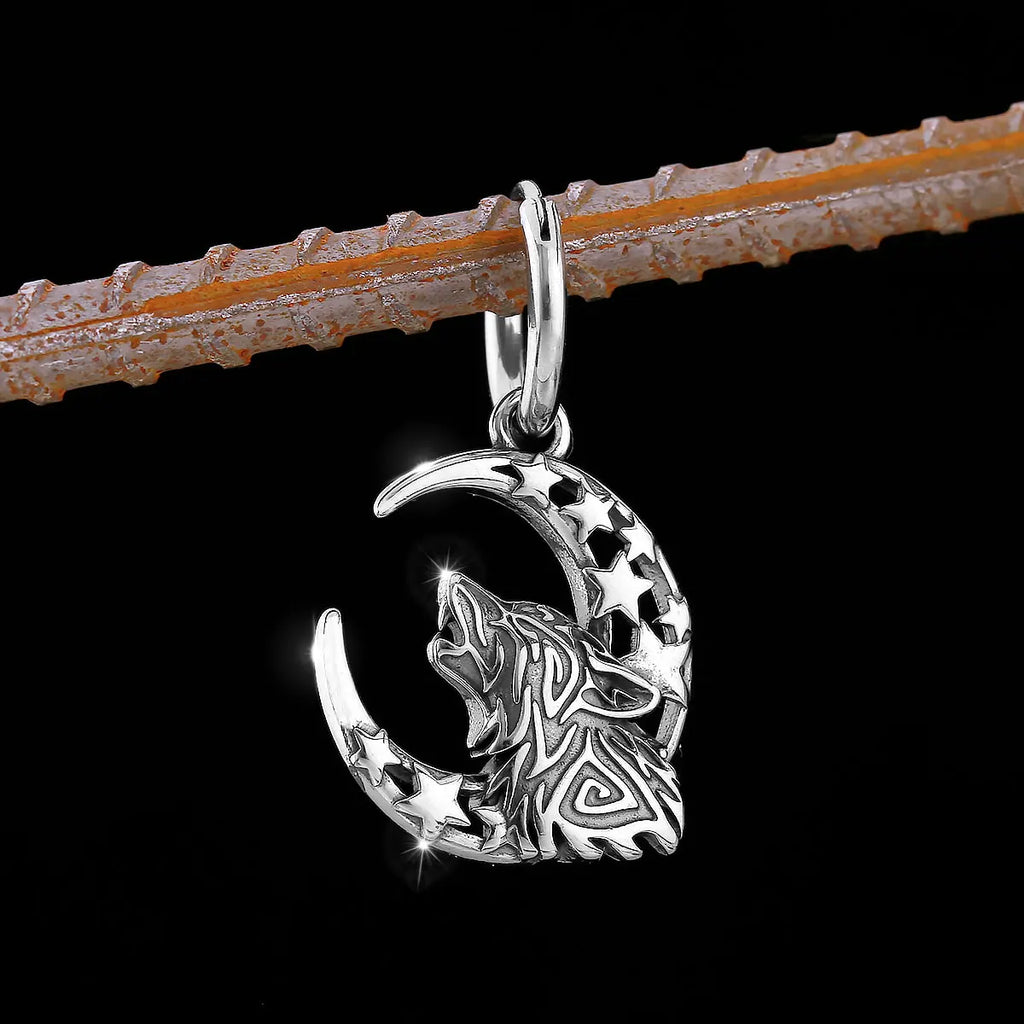 Viking Wolf Head Sleeping Dragon Moon Earrings — Stainless Steel