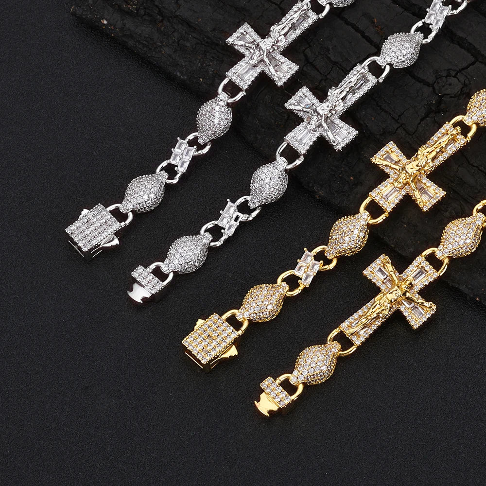 Gold Cross Jesus Bracelet Iced Out 8MM Bead