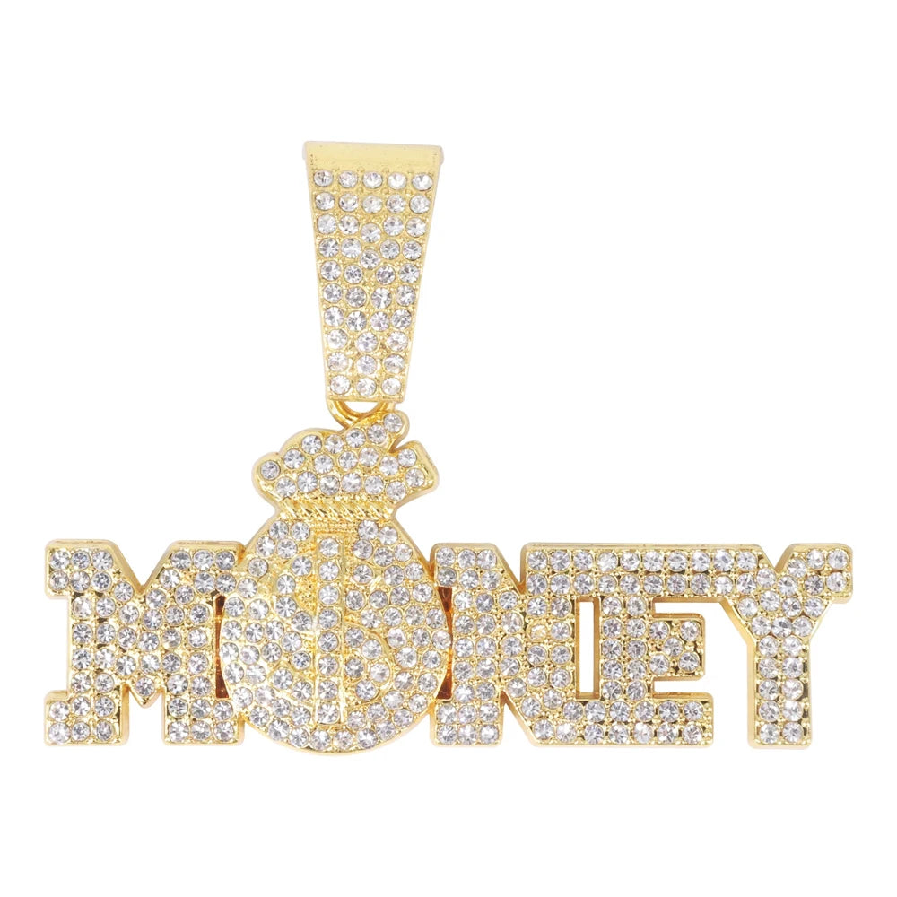New Iced Out Bling Rhinestone Letters Money Pendant Necklaces,With Cuban Chain Money Bag Dollar Sign Men's Women Hip Hop Jewelry