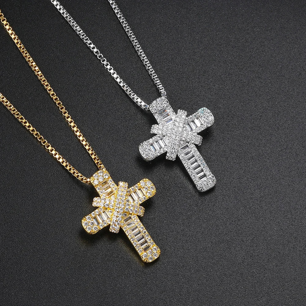 Cross Pendant Rope Box Chain Necklace Iced Out CZ