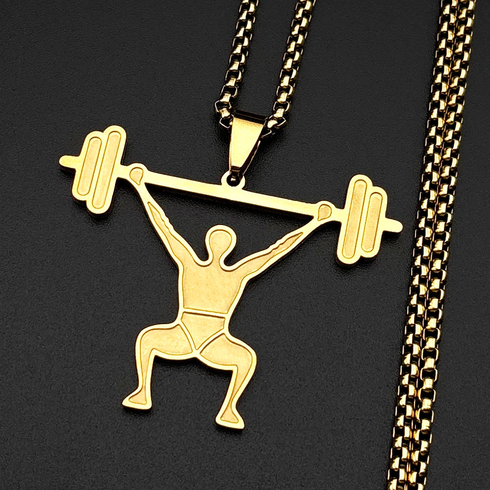 Gym Fitness Squat Weightlifter Barbell Pendant Necklace For Men Stainless Steel Male Sports Theme Hiphop Chain Jewelry