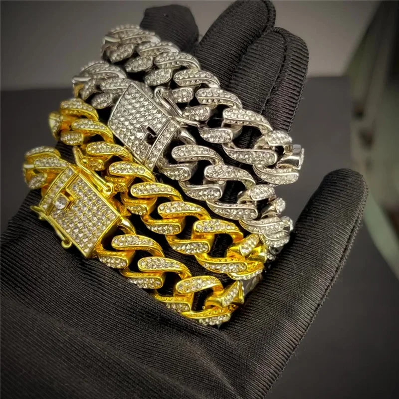 Sparkling Cuban Link Chain Bracelet - Golden Tone Stainless Steel, Rhinestone - Encrusted Hip Hop Bling for Guys