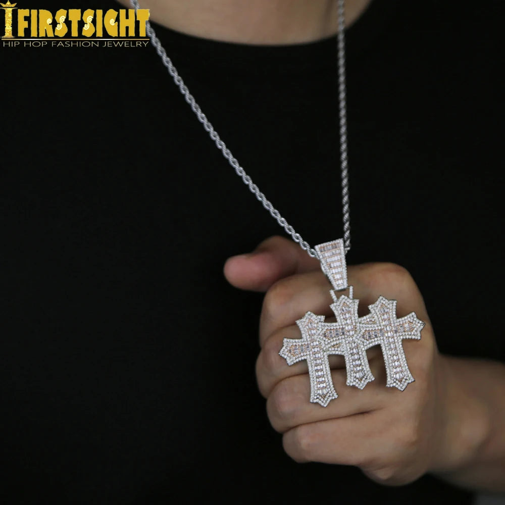 Iced Out Three Cross Pendant Necklace For Women Men Two Tone Silver Color Cubic Zirconia Tennis Chain Luxury Hip Hop Jewelry