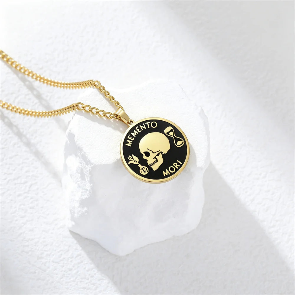 Memento Mori Stoic Pendant Necklace for Men Women Double Sided Engraved Stainless Steel Chain Motivational Stoicism