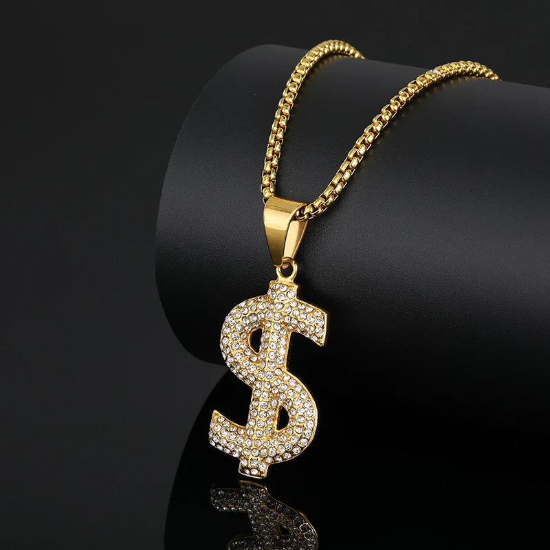 Hip Hop Bling Iced Out Stainless Steel Dollar Sign $ Pendants Necklace for Men Rapper Jewelry Gold Color