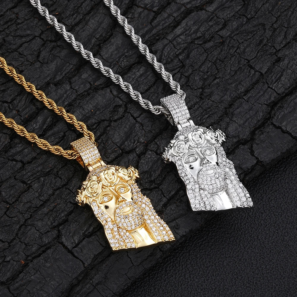 Two-Tone Iced Out Jesus Face Pendant Necklace