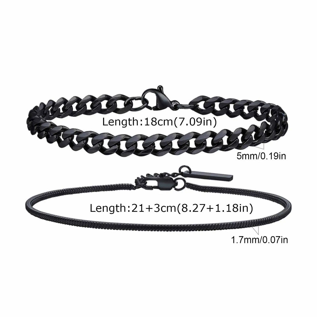 Vnox 2pcs/Set Cuban Figaro Rope Snake Chain Bracelet Set for Men Boys, Gold Black Silver Color Stainless Steel Wristband Jewelry