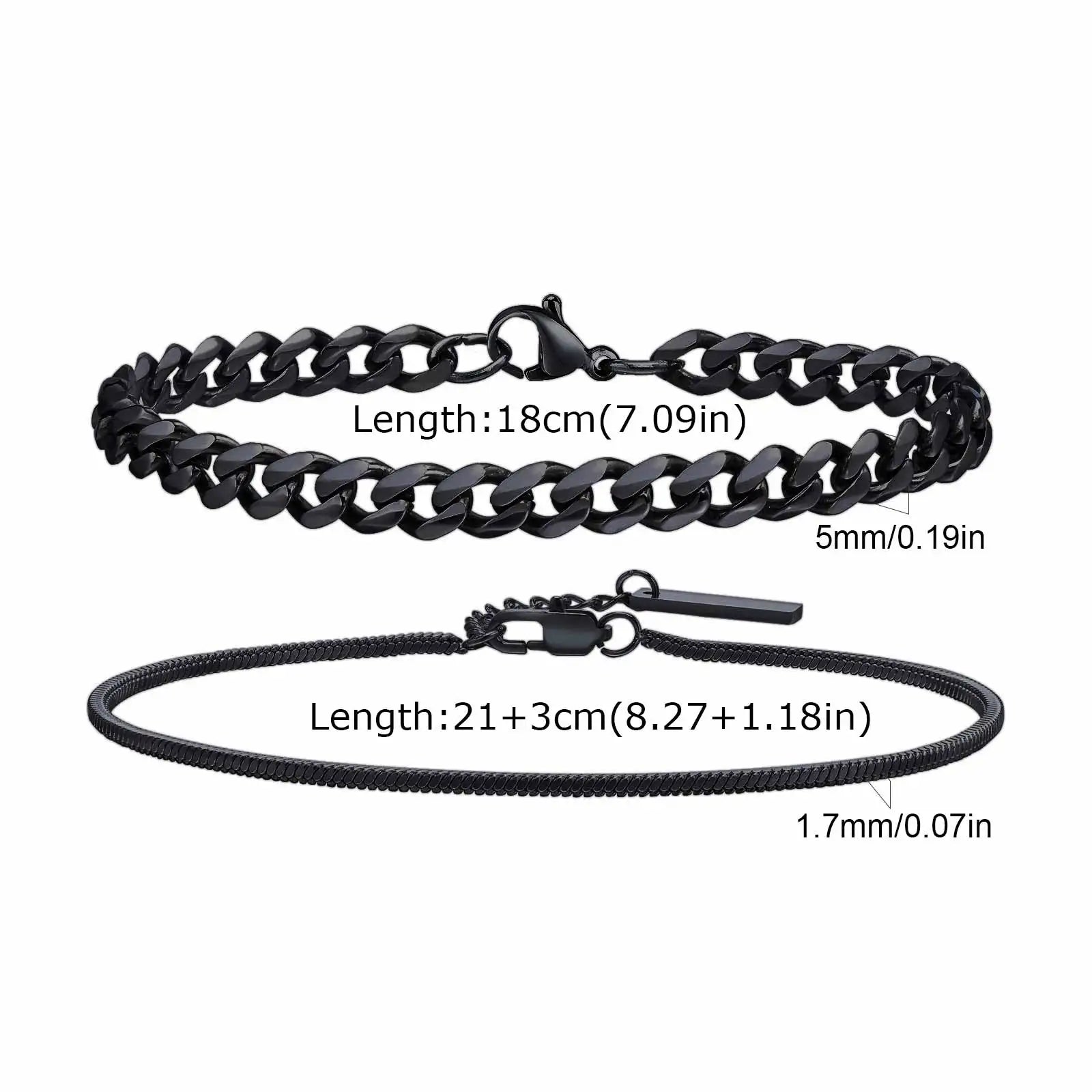 Vnox 2pcs/Set Cuban Figaro Rope Snake Chain Bracelet Set for Men Boys, Gold Black Silver Color Stainless Steel Wristband Jewelry