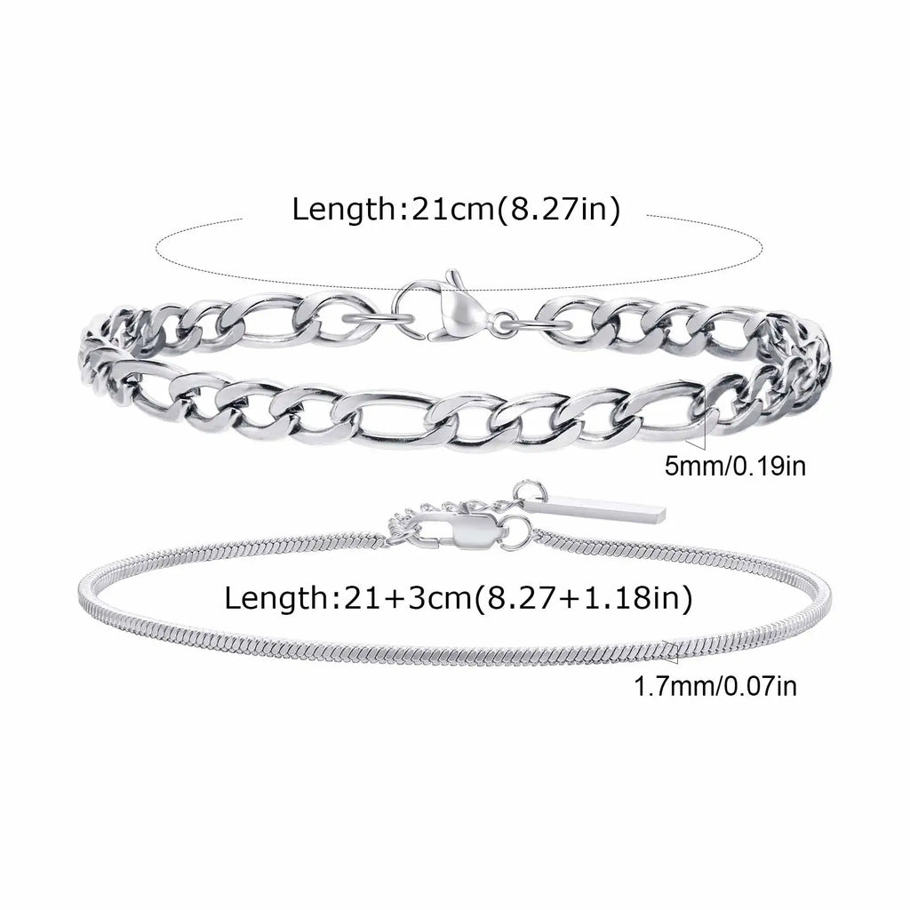 Vnox 2pcs/Set Cuban Figaro Rope Snake Chain Bracelet Set for Men Boys, Gold Black Silver Color Stainless Steel Wristband Jewelry