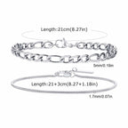 Vnox 2pcs/Set Cuban Figaro Rope Snake Chain Bracelet Set for Men Boys, Gold Black Silver Color Stainless Steel Wristband Jewelry