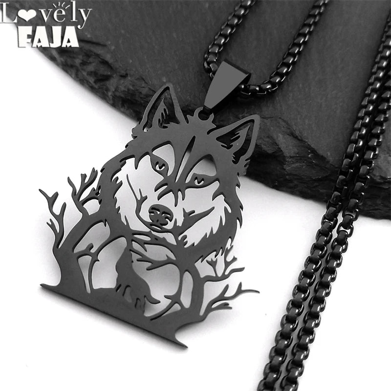 Goth Full Moon Wolf Head Pendant Necklace Women Men Black Color Forest Tree Hollow Animal Necklaces Jewelry Party Gifts