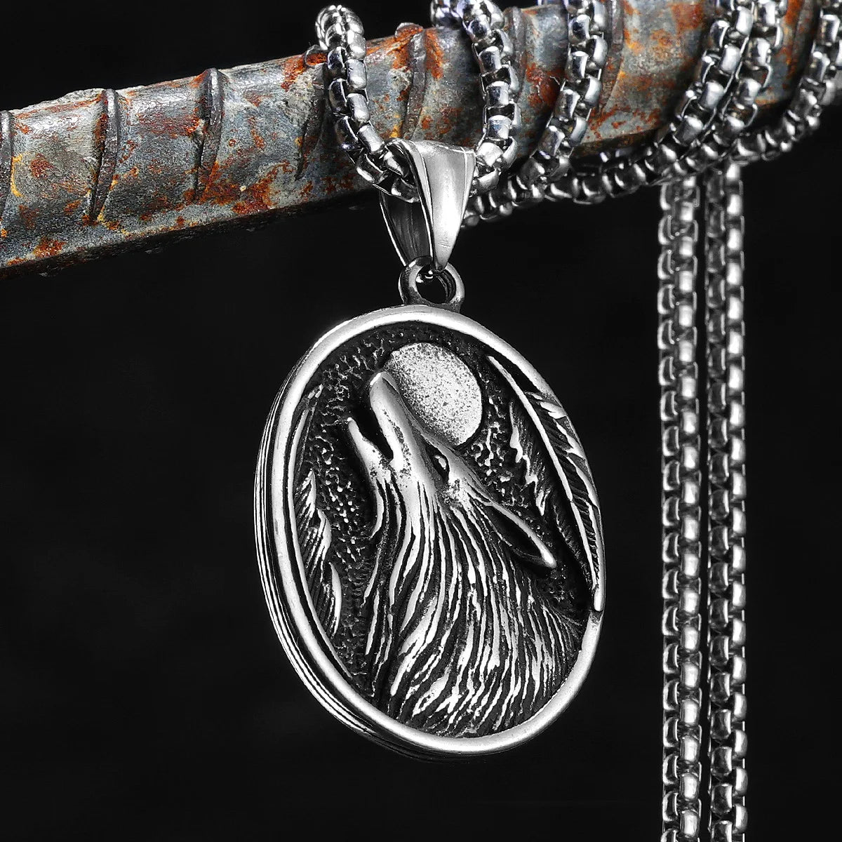 Full Moon Wolf Compass Pendant Necklace — Stainless Steel