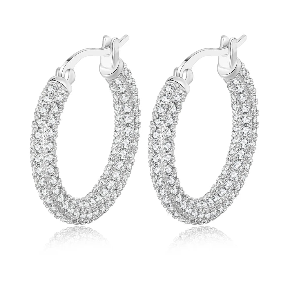 Two-Tone Iced Out Hoop Earrings CZ Silver Gold