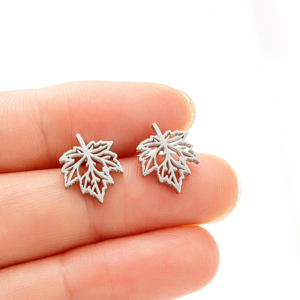 Hollow Maple Leaf Stud Earrings Classic Simple — Stainless Steel