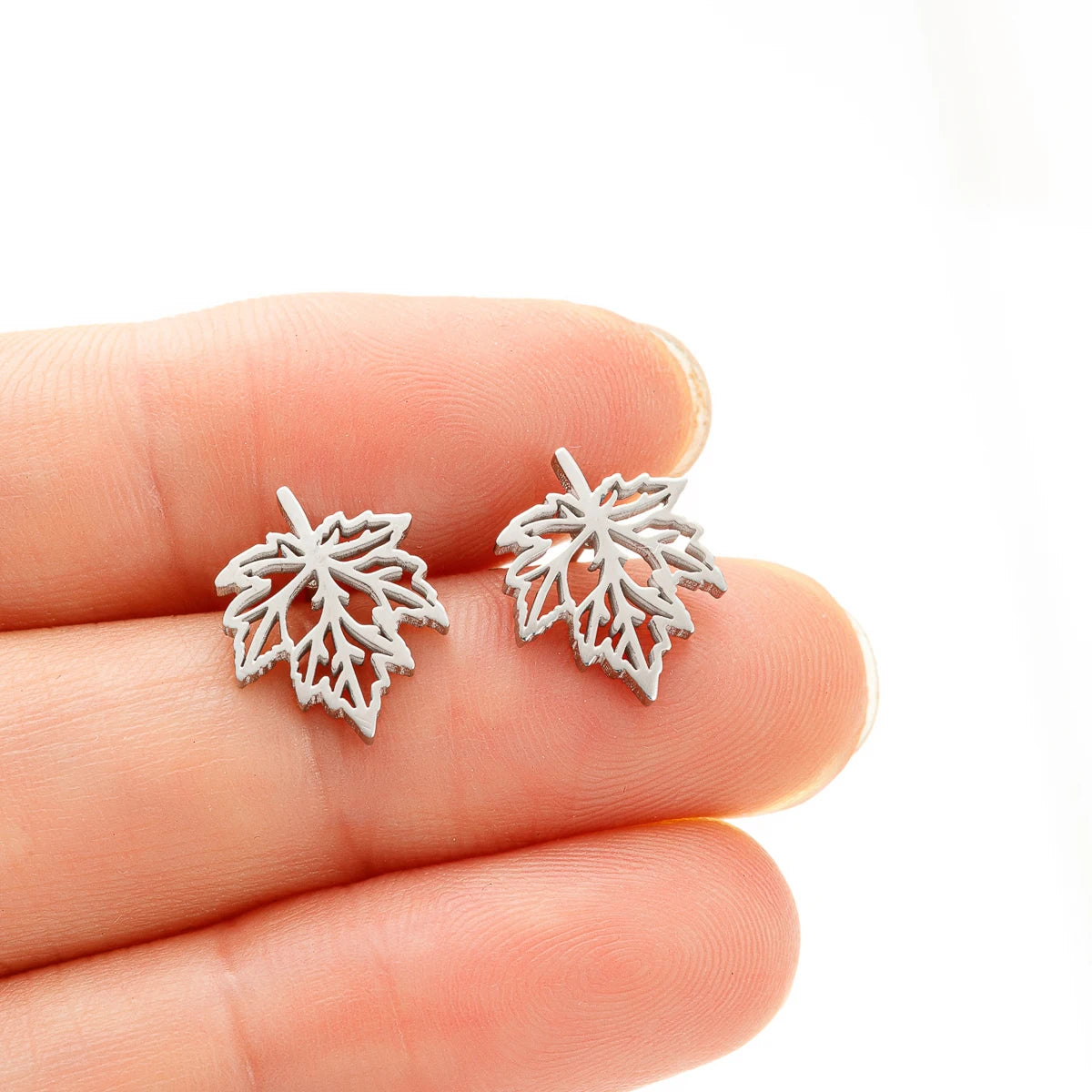 Hollow Maple Leaf Stud Earrings Classic Simple — Stainless Steel